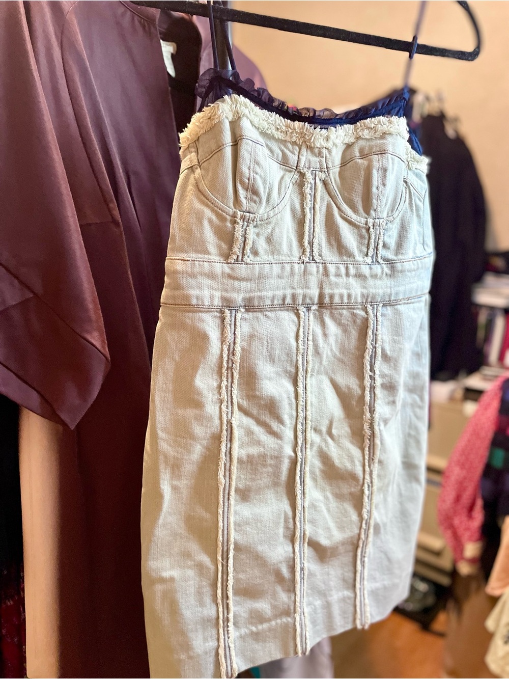 Y2K LaRoc Light Denim Dress with Gold Thread Trim and Blue Lace Bodice